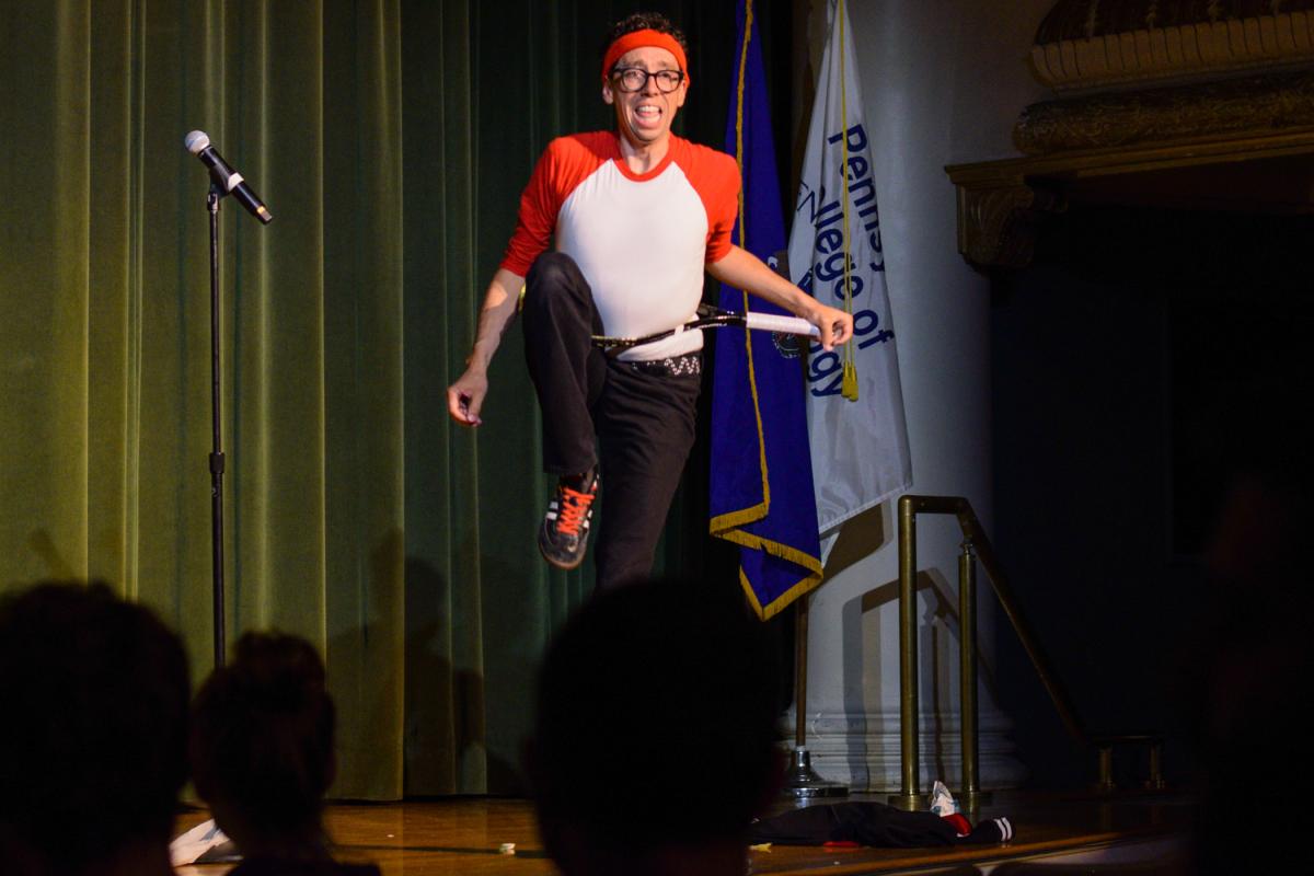 The uniquely talented Pennsylvania native, from Johnstown by way of Lancaster (and "America's Got Talent"), squeezes his frame through a tennis racket.