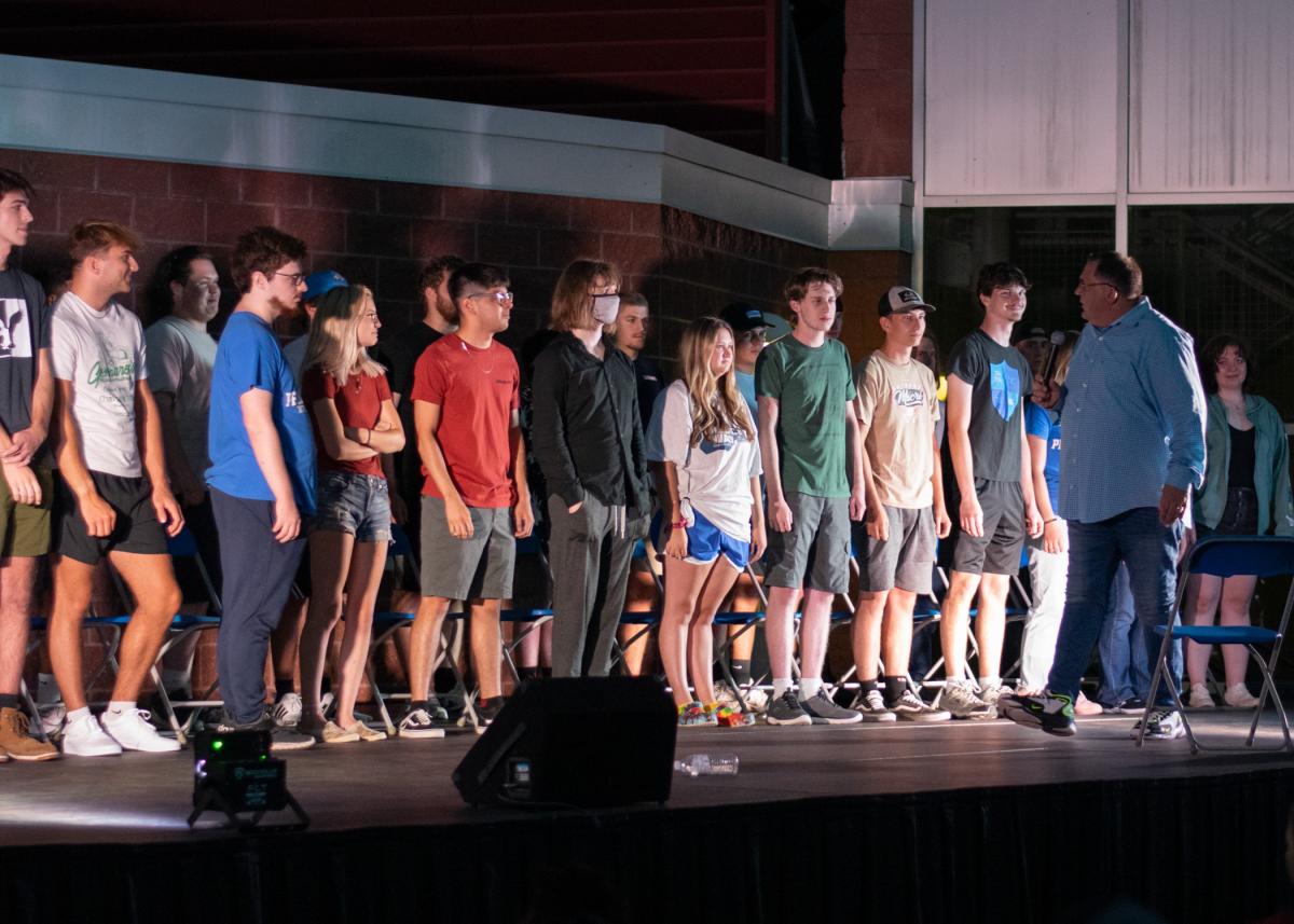 Student volunteers undergo "Hypnotic Intoxication," Keith Karkut’s program that features the hypnosis of students while exploring the consequences of alcohol.