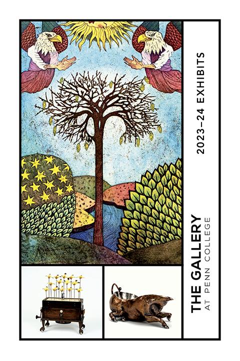 The Gallery at Penn College’s 2023-24 exhibit season includes: (at top) Yuji Hiratsuka’s “Eagle Angels,” intaglio and chine collé, 12 inches by 9 inches; Randall Cleaver’s “Migration” (bottom left), mixed media, 19 inches by 16 inches by 7 inches; and Logan Woodle’s “Low on the Hog: Gravy Boat,” sterling silver and copper, 5 inches by 9 inches by 5 inches.