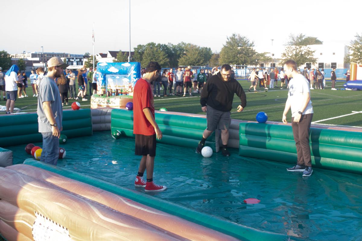 As part of Thursday's "Big Toy Room," students played larger-than-life billiards ...
