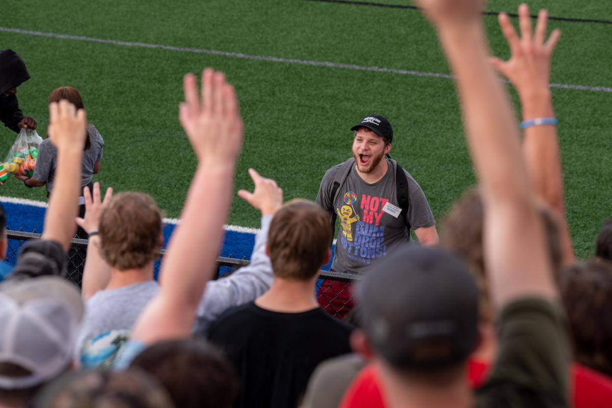 Stirring cheers for swag is RA Frank Anthony Orzehoski, a building automation engineering technology senior from Warminster.