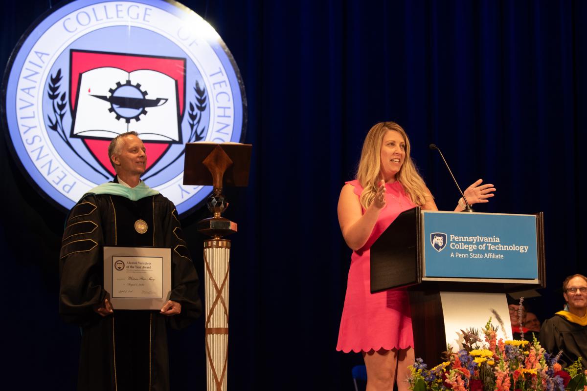 "I wouldn't be who I am today without Penn College. My life changed the moment I first heard about the campus, and I knew I was meant to be here," alumni award-winner Mays told the graduates. "Trust the process and trust the timing of your life; everything is going to work out exactly how it is supposed to."