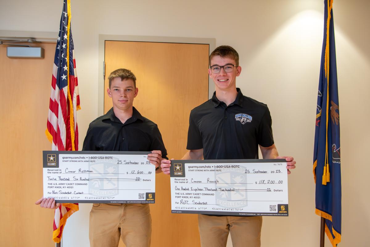 Pennsylvania College of Technology students Connor M. Rossman (left), of Howard, and Cameron A. Reaugh, of Blairsville, took the Army ROTC contracting oath during a ceremony at the college. 