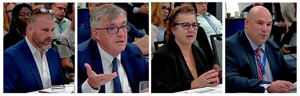 Panelists for the 10 a.m. hearing in the Thompson Professional Development Center are (from left) Ryan Gardner, Lycoming County district attorney; Keith Wagner, executive director of the Lycoming-Clinton Joinder; Sherry Shaffer, chief operating officer and government programs officer of Community Care Behavioral Health; and Eric Briggs, South Williamsport Area School District superintendent.