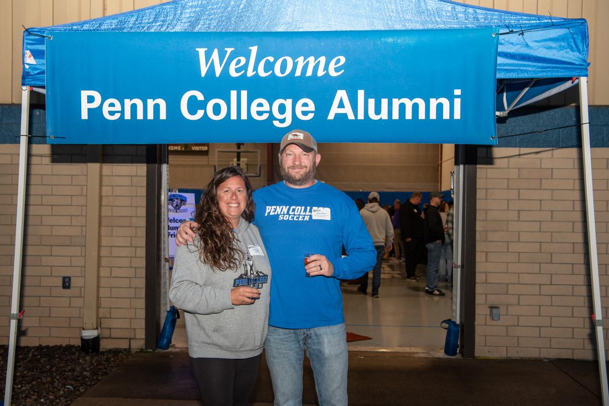 Still wearing their Penn College Soccer shirts, alumni couple Michelle L. (Paul) and Ryan B. Mack kick back for a little liquid therapy after a long day of cheering their Wildcat soccer-playing son in the rain. Their son, Evan Pickering, is a sophomore in business administration. Ryan holds four degrees from Penn College, including manufacturing engineering technology ’02. Michelle is a 2000 graduate in business management: travel & tourism emphasis.