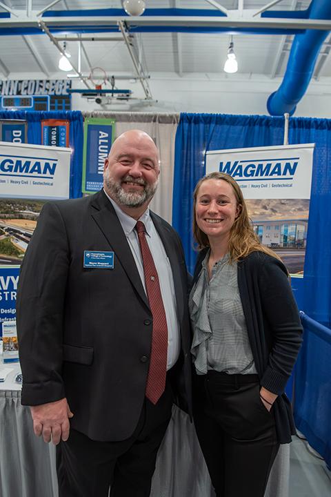 Career Fair regularly brings alumni back to campus for reccruitment – and for reunions with former faculty mentors. Reconnecting where her career journey began are Lauren S. (Herr) Bucher, a 2019 graduate in construction management, and Wayne R. Sheppard, assistant professor and department head. Bucher, an estimator with Wagman Inc., also returned last month as a classroom presenter for the major's 30th anniversary. 