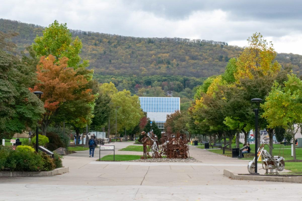 Fall colors dot the campus mall (and the Allegheny foothills to the south) in this view from West Third Street.