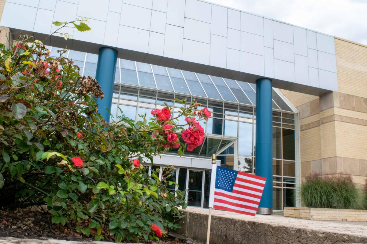 America's colors add to the allure by the Breuder Advanced Technology & Health Sciences Center.