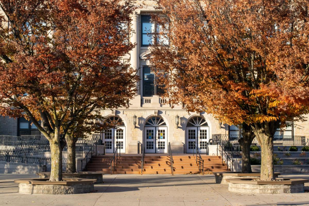 Timelessly attractive are the Klump Academic Center, the college's oldest building, and the Zelkova trees that grace its "front yard."