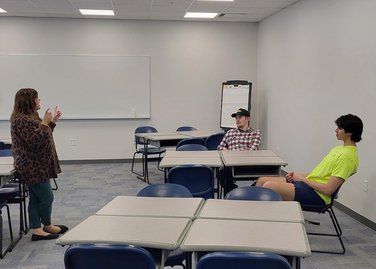 The Center for Academic Excellence hosted a Tuesday afternoon workshop on First-Generation Financial Success, in which Lizze R. Winters, College Relations' career and professional programming manager, offers tools and tips for building a budget. Benefiting from her insight are Jacob A. Frere (center), of Phelps, N.Y., enrolled in heavy construction equipment technology: Caterpillar equipment emphasis; and Valentino A. Barillaro, a welding & fabrication engineering technology student from Shamokin Dam.