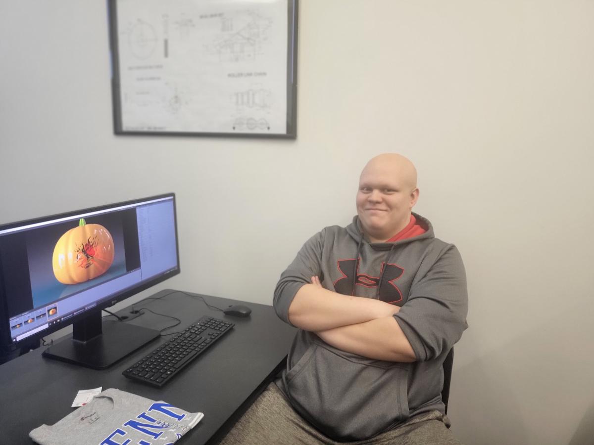 Koleno celebrates his third-prize: a Penn College T-shirt (and bragging rights).