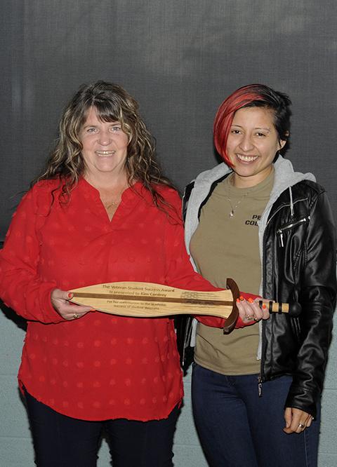 A tradition is born with presentation of the Veteran Student Success Award to Cordrey for her contribution to veteran students' academic achievement. Cordrey received the award (which was produced by students in the Dr. Welch Workshop: A Makerspace at Penn College) from Alicia "Marty" Martinez, of Allentown, an Air Force veteran enrolled in aviation maintenance technology.