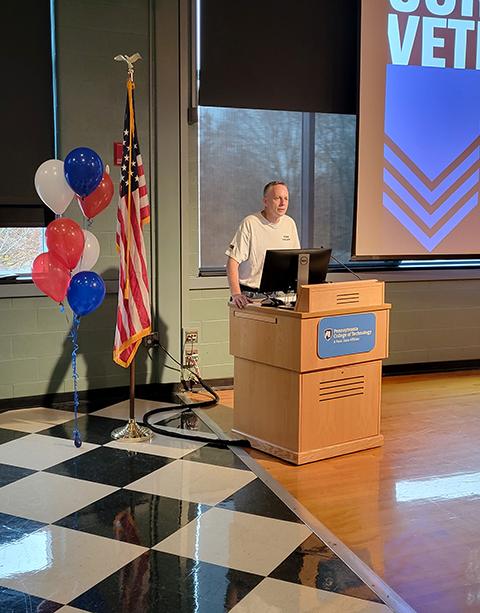The president, whose grandfather was a World War I veteran and whose father fought in the Korean War, welcomes brunch attendees by applauding the "extraordinary service" of the 300-plus veterans currently on campus. "Multiply that by the 110-year history of this institution," he said. "We honor what you have done, what you are doing and what you will do for the college, the community and our nation."