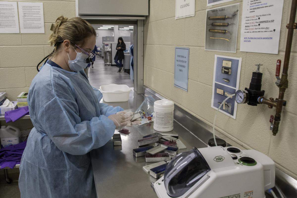 Keeping everything sterile in the Infection Control Room is student Emmalee G. Marshall, of Woodland. She was joined in the behind-the-scenes duties by classmate Laura Lundberg, of Summerhill.