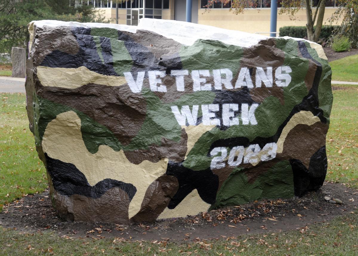 "The Rock" near the Bush Campus Center was painted in camo colors by the Penn College Student Veterans Organization (a chapter of Student Veterans of America) for this year's Veterans Week events.