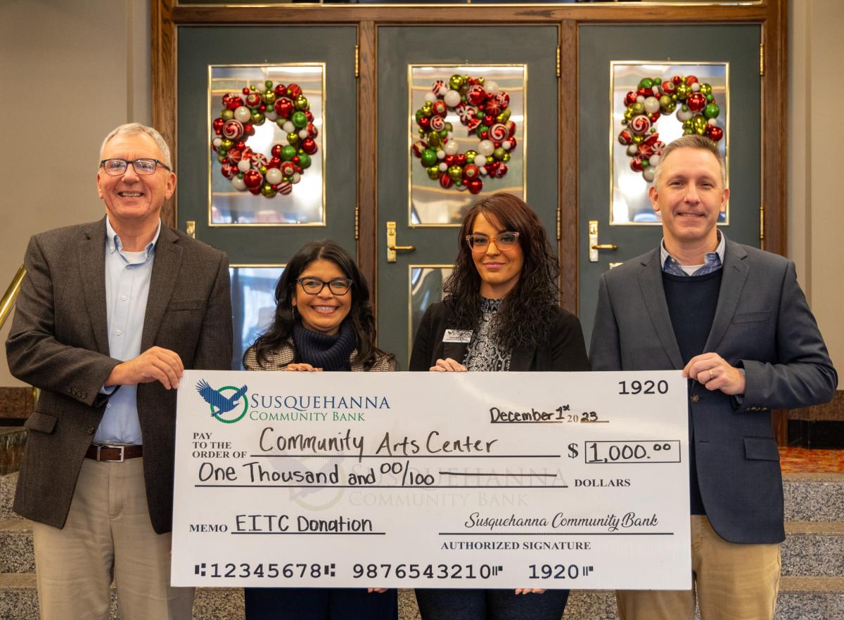 Pictured (from left): Mike Loeh, vice president/relationship manager/commercial services manager, Susquehanna Community Bank; Ana Gonzalez-White, college relations officer, CAC development; Jesse Osborne, community banking officer, Susquehanna Community Bank; Jim Dougherty, executive director, Community Arts Center.