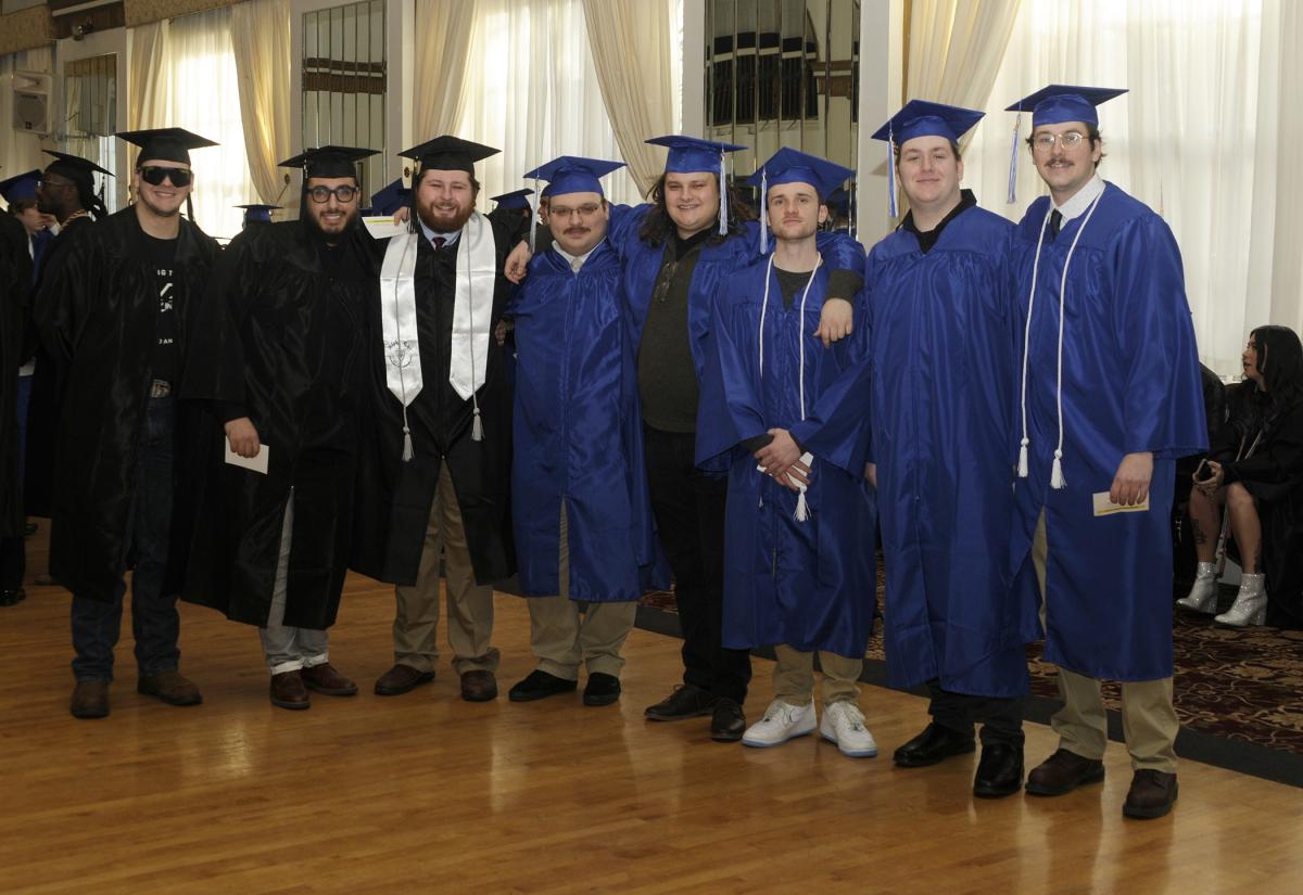 Waiting for the processional to the CAC, a group of students from Penn College's manufacturing program lines up in "ready for whatever comes our way" mode.