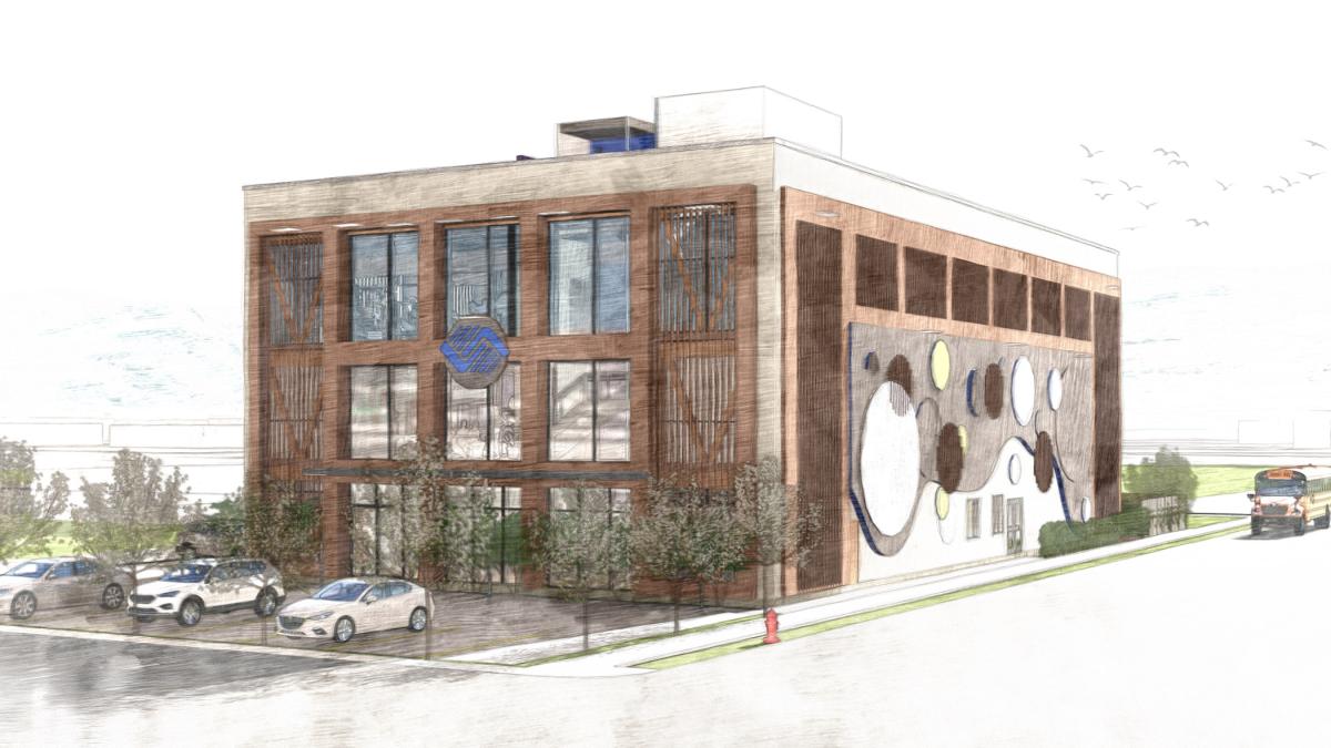 Architectural rendering of a three-story, rectangular building with large floor-to-ceiling windows on the front.