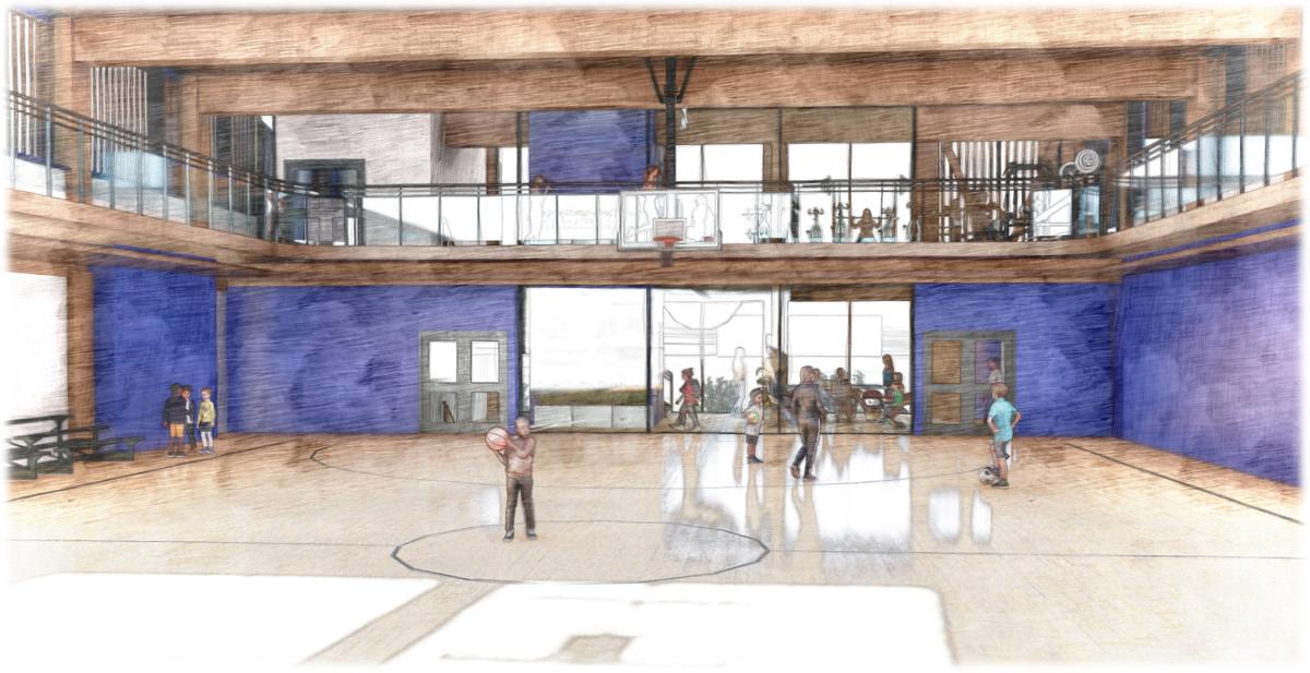 Architectural rendering shows children playing on a basketball court and a person running on a track above them.