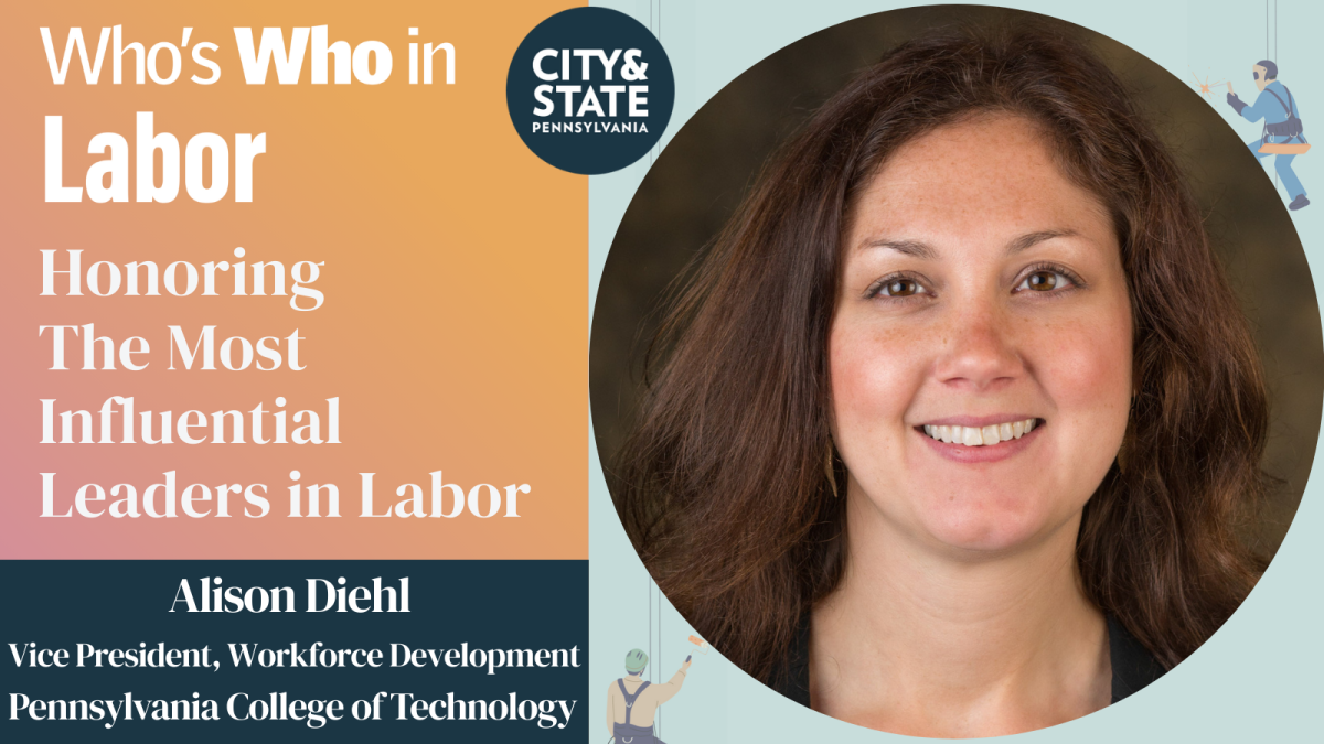 Graphic highlighting City & State Pennsylvania's 'Who's Who in Labor' list with image and job title of Alison Diehl.