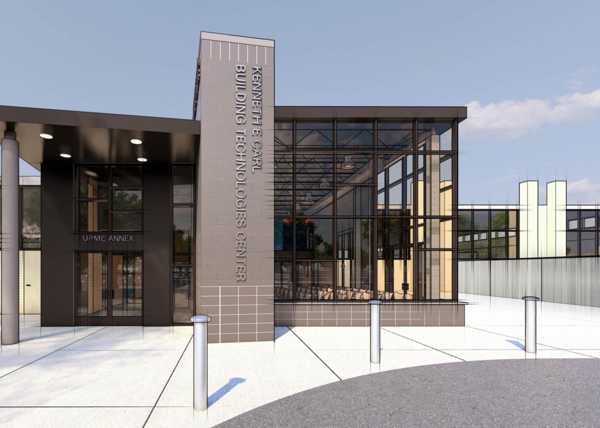 Artist rendering of a planned new entrance for the Kenneth E. Carl Building Technologies Center at Penn College.