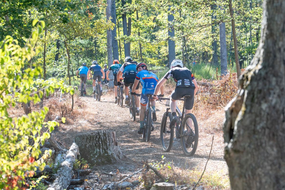 Bikers follow an uphill path through a woods.