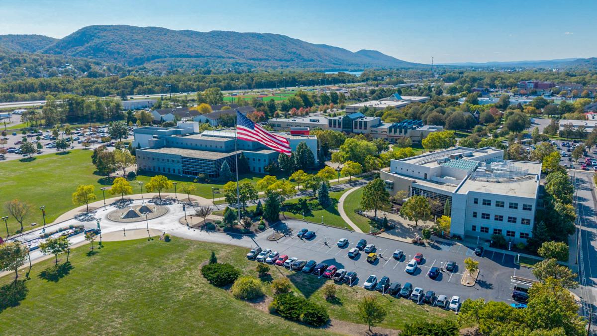 Aerial view of Pennsylvanai College of Technology campus, looking southwest with the Davie Jane Gilmour Center in the foreground.