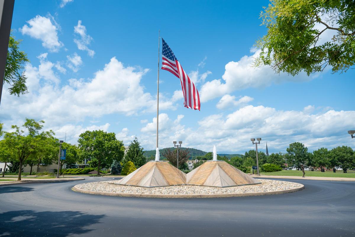 Large U.S. flag hangs at Pennsylvania College of Technology's main entrance