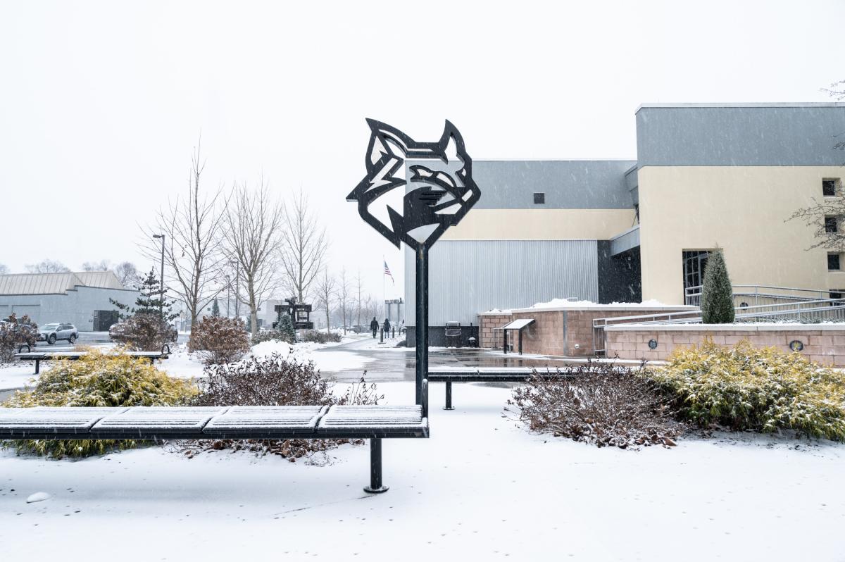 Snow on a patio between Penn College's Lycoming Engines Metal Trades Center and College Avenue Labs is coated in snow.