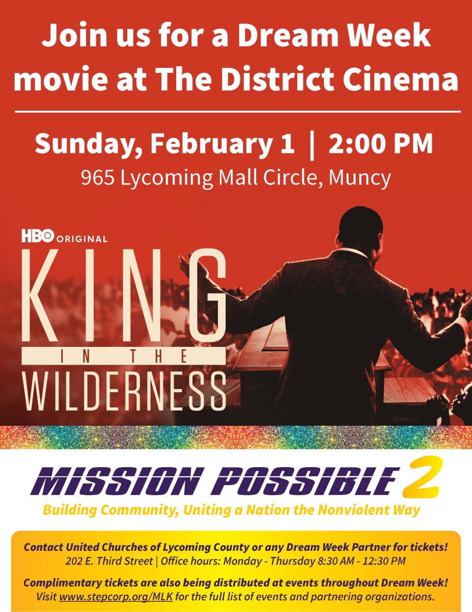 A flyer advertises a free movie: "King in the Wilderness," to be shown Feb. 1.