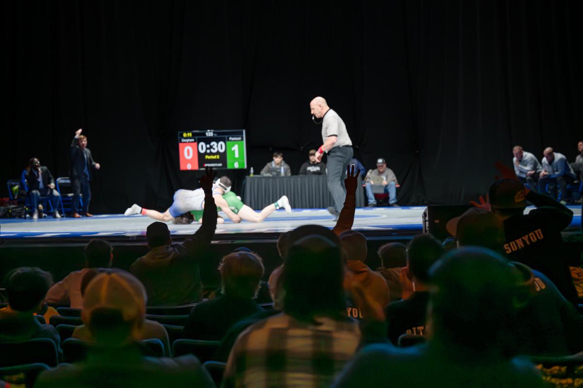 View from the audience as two wrestlers compete on the mat, with a referee monitoring the action and spectators raising their hands.