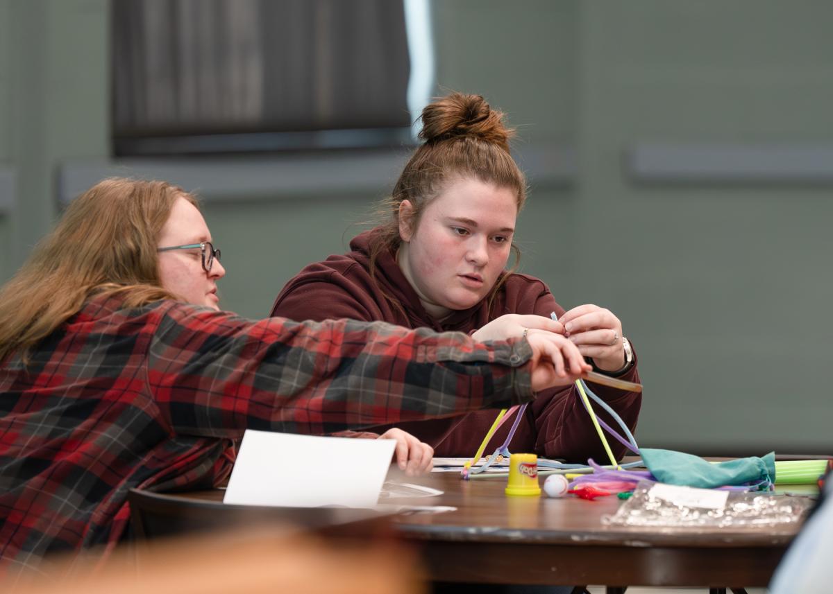 Two students complete a building activity with colorful pipe cleaners.
