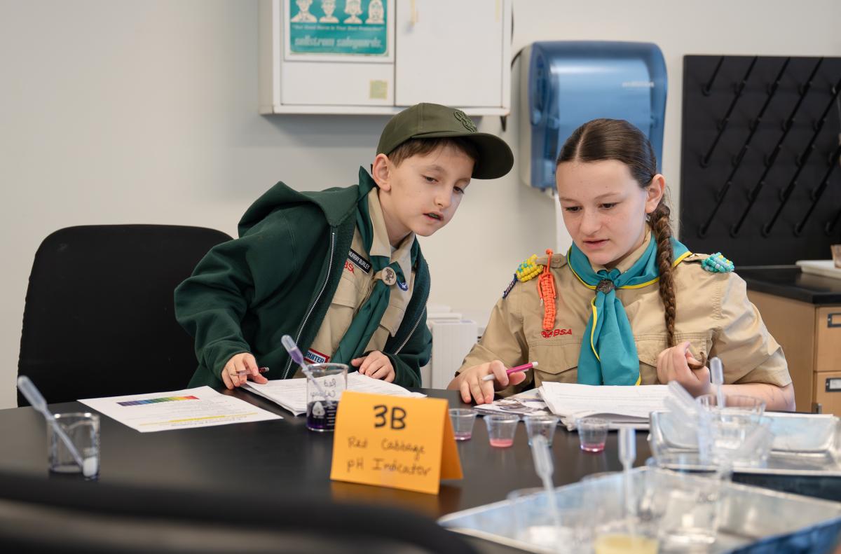 Two children in Scouting America uniforms sit at a table with beakers, pipettes and small cups filled with purple liquid.