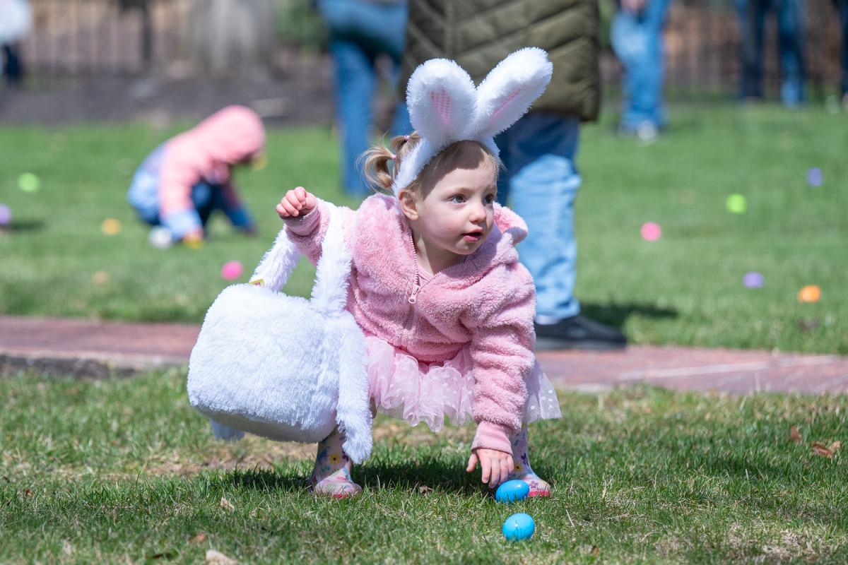 A small child wearing a pink dress and coat and bunny ears bends down to pick up a blue plastic egg.