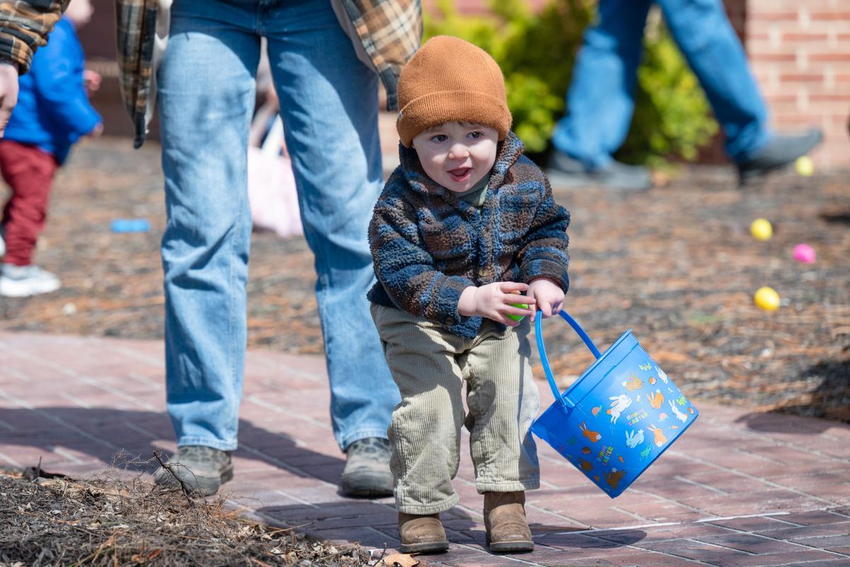 A toddler stands on a brick path holding a plastic bucket. There are plastic eggs on the ground surrounding him.