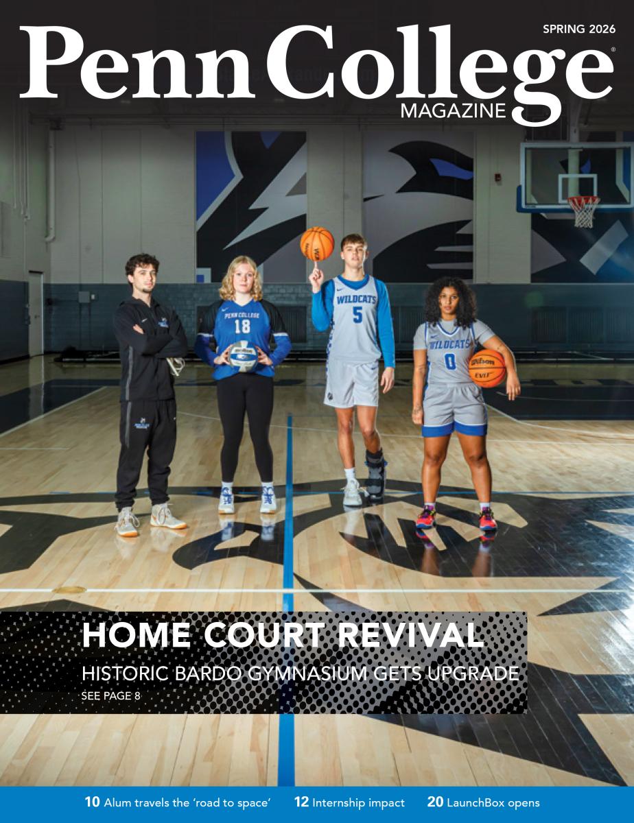 Penn College Magazine Spring 2026 cover, showing four athletes standing in uniform in a gymnasium.