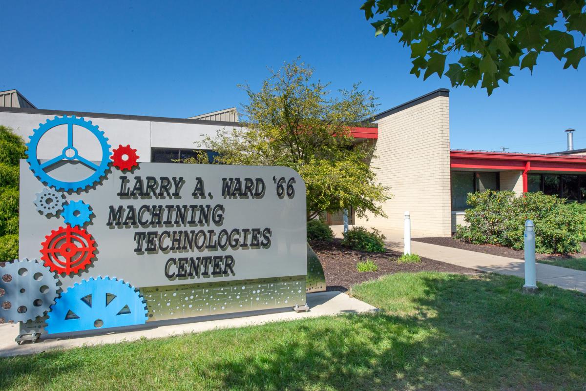 Exterior metal sculpture building sign for the Larry A. Ward Machining Technologies Center