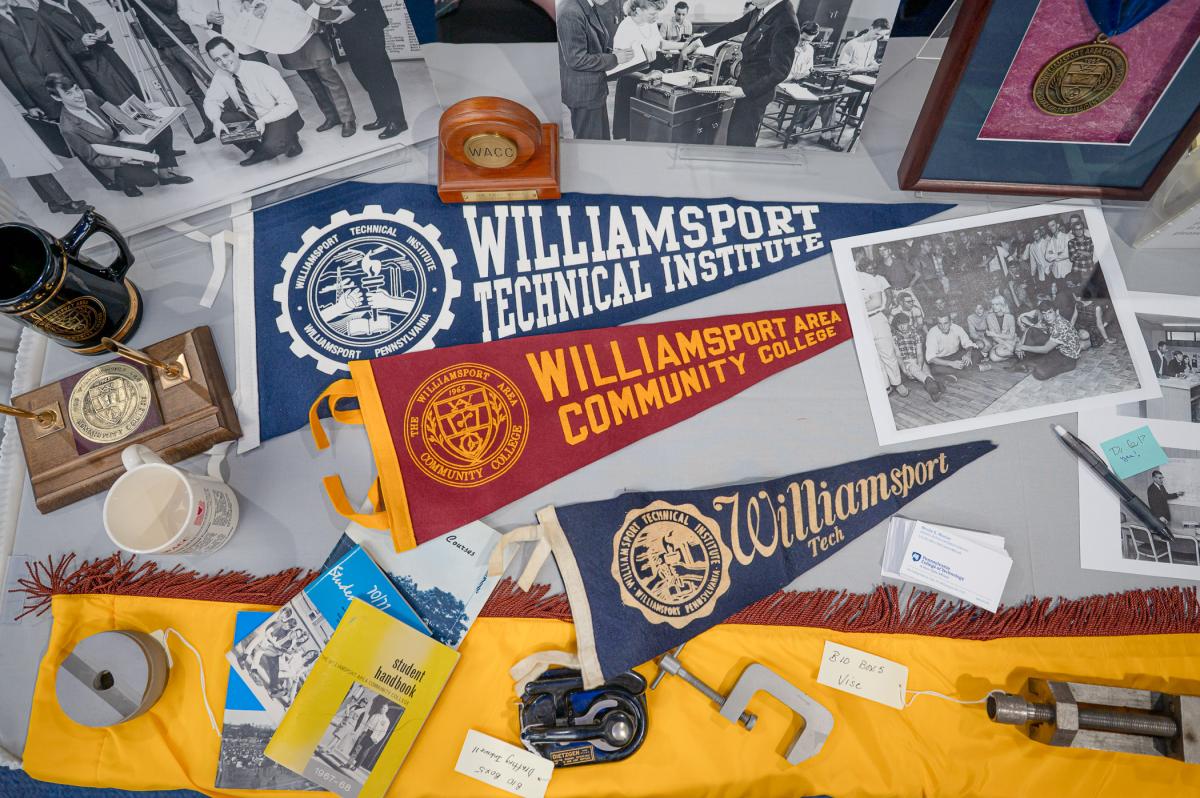 Display of Williamsport Technical Institute and community college memorabilia and historical items.