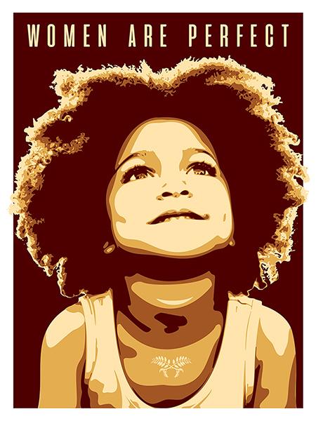 Artwork depicting a girl gazing upward with a smile. At top are the words "Women are perfect."