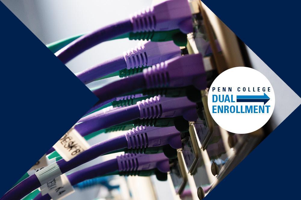 Close-up of network cables connected to equipment, with a Penn College Dual Enrollment logo