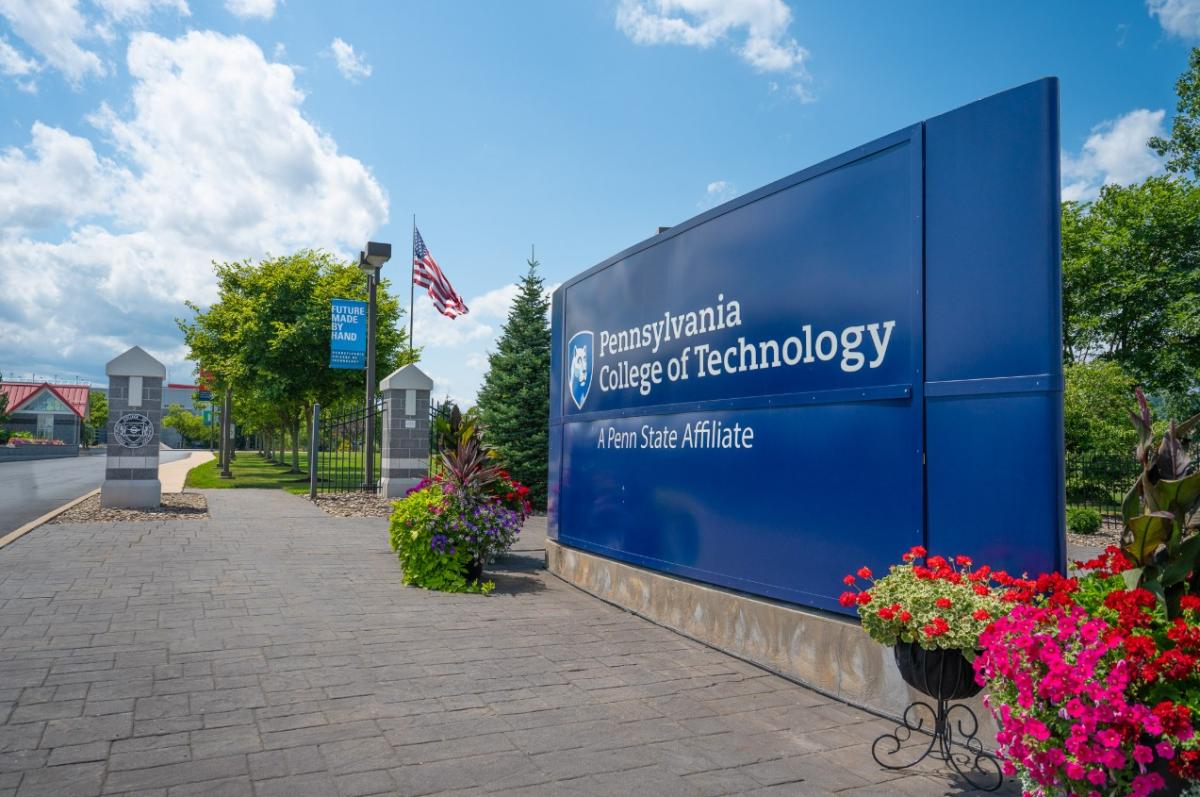 Large Pennsylvania College of Technology sign at entrance to main campus.
