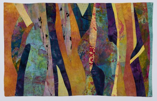 Barbara Behrmann, After the Harvest, 2018, Hand-painted cottons, hand-dyed cottons, commercial cottons, variety of threads, 23 x 37”