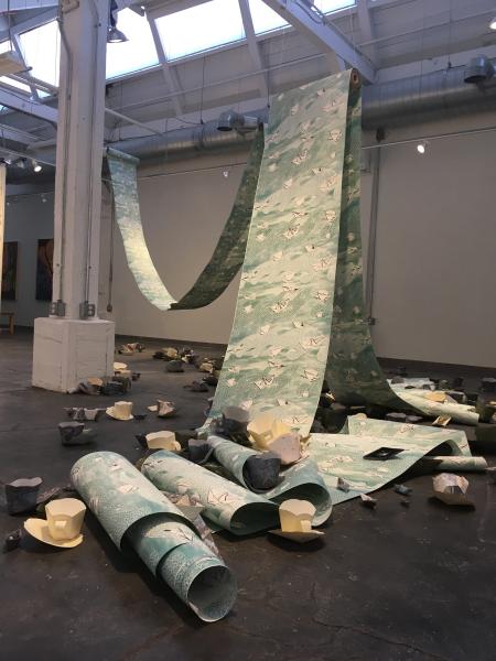 2018, two-sided screen print, paper boats and teacups folded from screen printed wallpaper