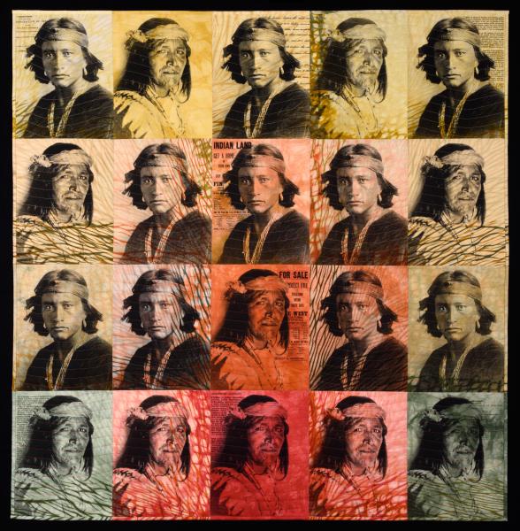 Patty Kennedy-Zafred, This Land Was Our Land, 2016, Cotton fabric, procion dyes, textile ink, silkscreen materials, image transfer materials, cotton batting, cotton and rayon threads, 57 x 56" 