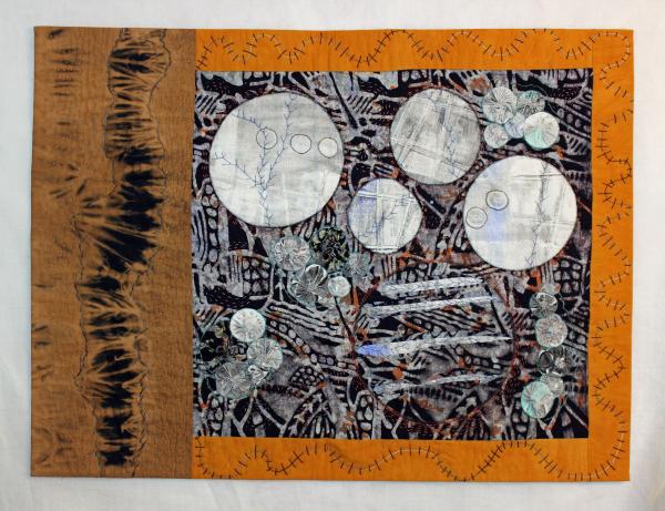 M. Camille Eaton Romig , Lichen-like, 2019, Monoprinted, hand-dyed and commercial cotton fabrics, embroidery threads, 21.5" x 28”