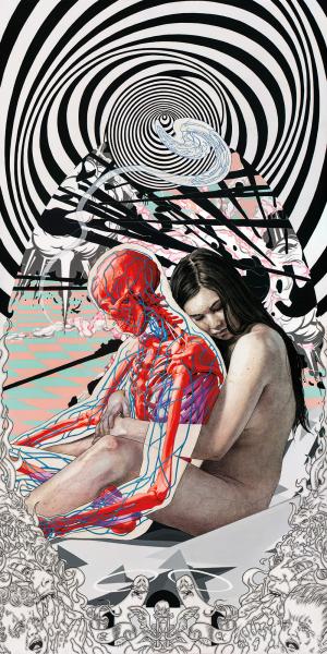 Death of the Night, 2020, mixed media on paper, 50” x 26”