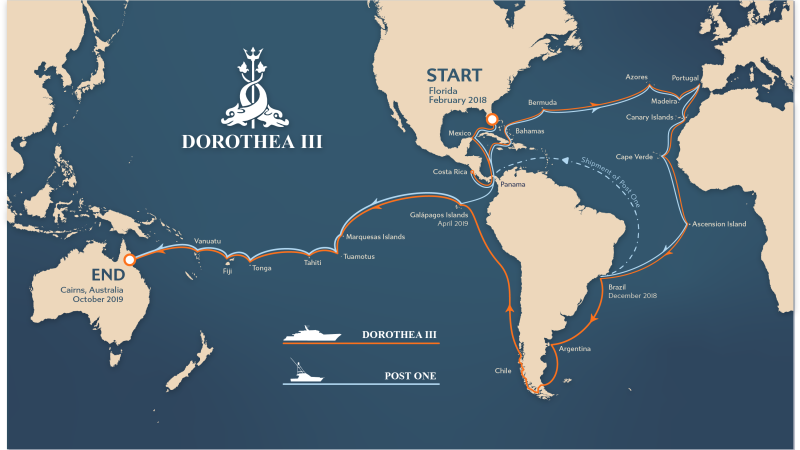 The Voyager Award-winning route of Dorothea III and its companion sport fishing vessel, Post One. Image courtesy of Dorothea III