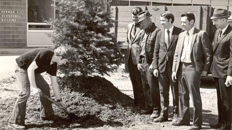 1971: The Herman T. Schneebeli Earth Science Center  is dedicated. From left: Pete Gardner, Don Wert, Ira Franz, Wayne Ettinger, Joe Sick, Herman T. Schneebeli.
