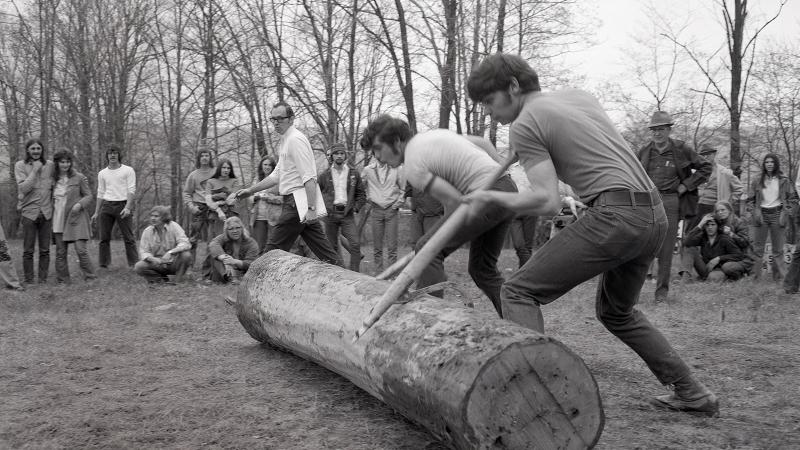 1972: Forestry competition. Holding clipboard is instructor Don Nibert.