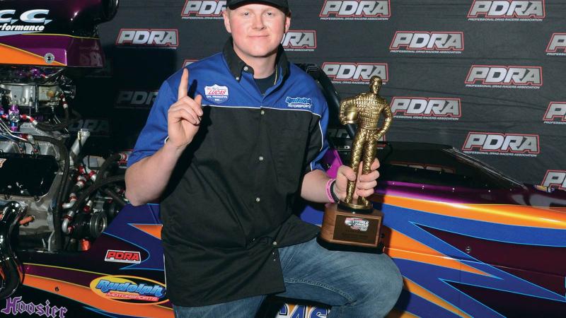  Tyler S. Rudolph celebrates after winning the Professional Drag Racers Association world finals in the Bracket Bash class. In addition to drag racing, Rudolph, who is majoring in engineering design technology, plays on the Penn College baseball team.